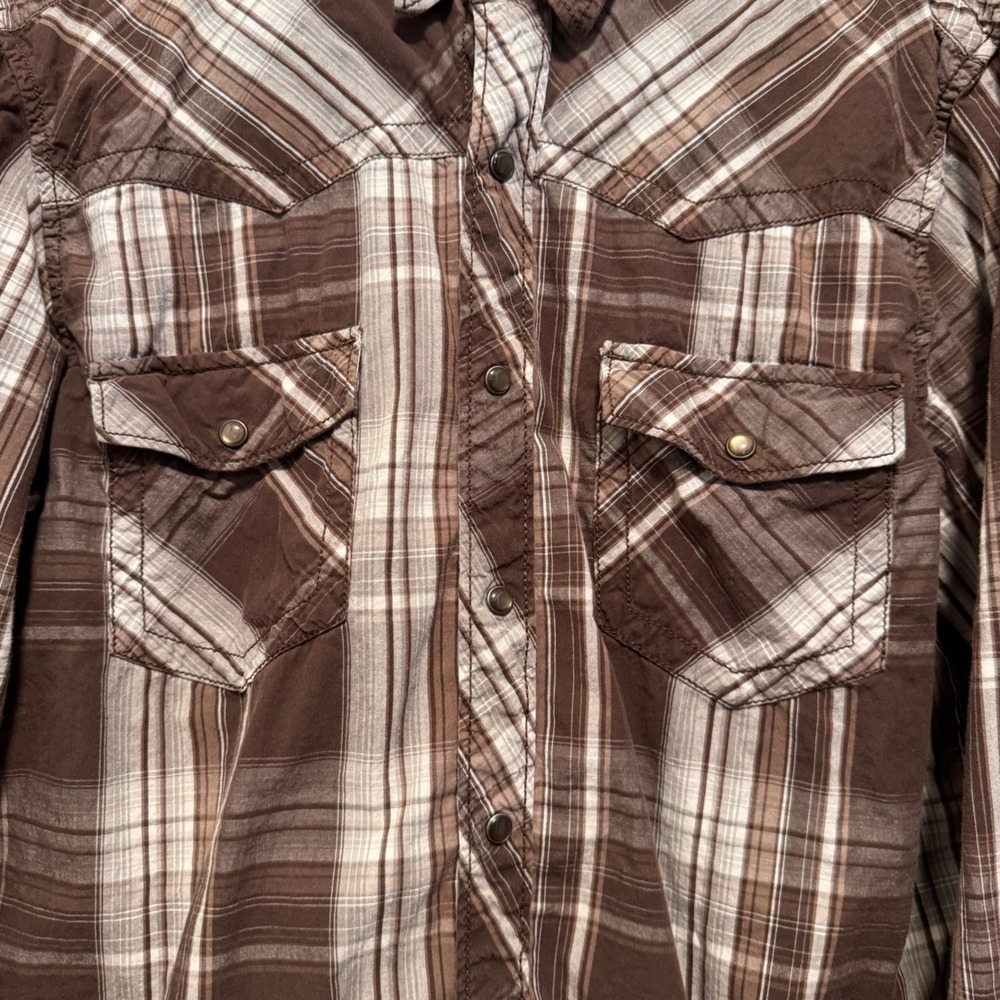 Helix Mens Brown Plaid Western Pearl Snap Shirt Long Sleeve‎ Cotton Large - Picture 15 of 16